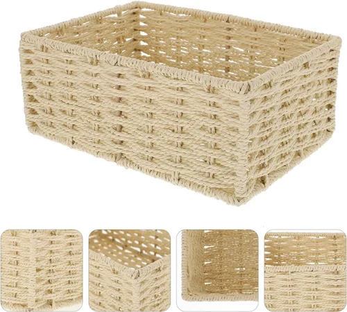 Miniatura 6 de VOSAREA Cesta de almacenamiento de ratán con tapa, cuerda de papel, organizador de escritorio, cesta de mimbre para dormitorio, organizador