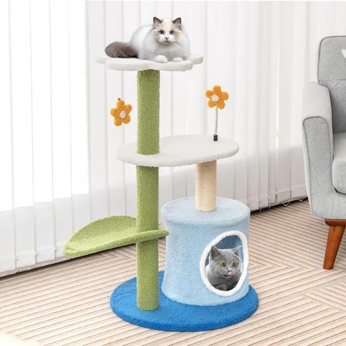 Miniatura 2 de Tangkula Bonito árbol para gatos, torre para gatos de flores con poste rascador de sisal, perca en forma de hoja de felpa, condominio espacioso
