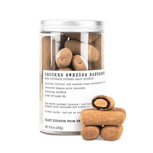 Haupt Lakrits Chokade Svenskävlar! – El regaliz negro más salado del mundo con sal de salmiak recubierto en chocolate gourmet de Bélgica – Caramelo