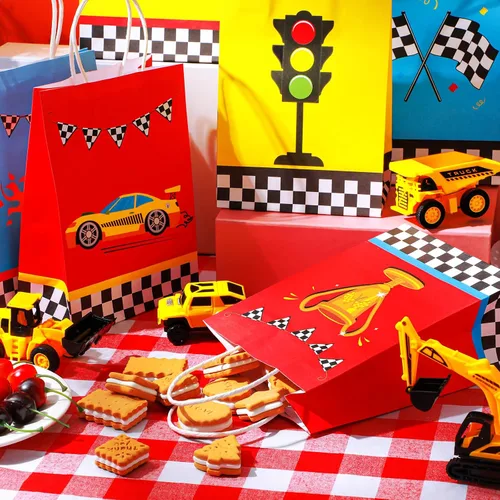 Miniatura 6 de Nezyo 24 bolsas de recuerdo de fiesta de auto de carreras, suministros de fiesta de cumpleaños, bolsas de regalo con asas para bandera a cuadros