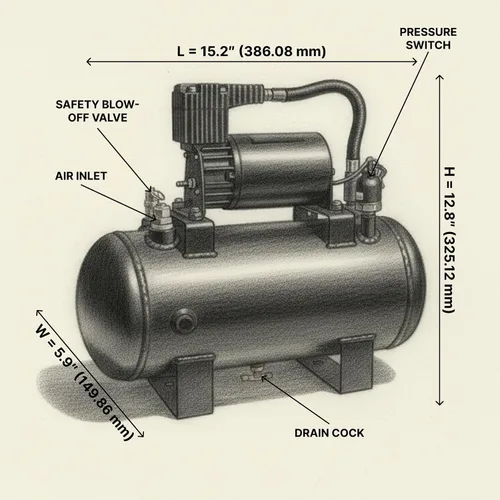 Miniatura 4 de HornBlasters Outlaw Black 127H Kit de bocina de tren de 1.5 galones 120PSI - Sistema de aire todo en uno - Fácil instalación - Sonido potente