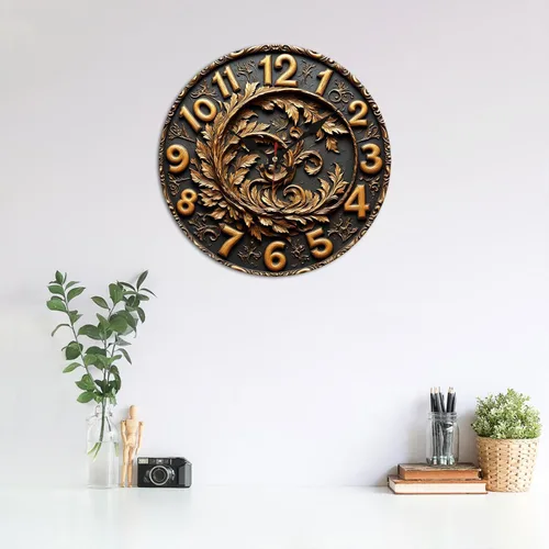 Miniatura 3 de Reloj de pared de madera con corona de hojas con acabado en bronce 9.8x9.8 in