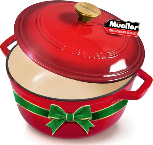 Miniatura 14 de Mueller Horno Holandés de Hierro Fundido Esmaltado de 6 Cuartos, Cazuela y Sartén para Estofar de Servicio Pesado con Tapa y Perilla, Seguro