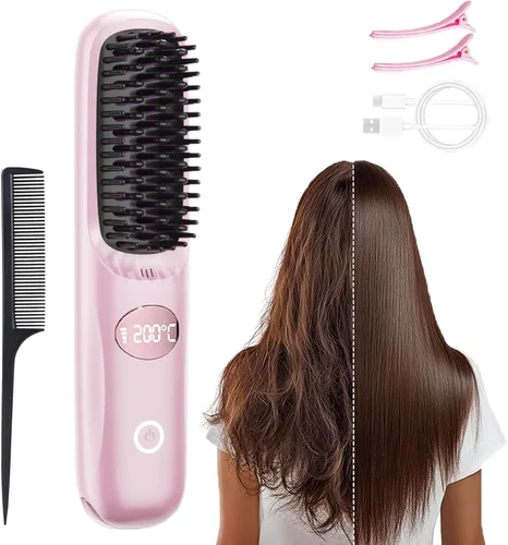 Go Brush Pro - Cepillo alisador de pelo inalámbrico, mini cepillo alisador portátil para mujeres con 3 ajustes de temperatura, pantalla LED, peine