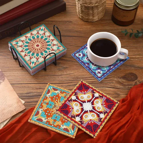 Miniatura 6 de Purpeak 8 posavasos de diamantes para pintar con diamantes, kits de mandala con soporte cuadrado bohemio de cachemira, kits 5D para principiantes