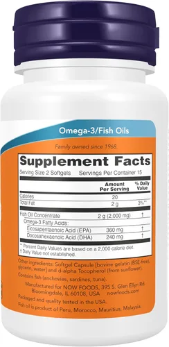 Miniatura 2 de NOW Foods Suplementos, Omega-3 180 EPA / 120 DHA, Destilado molecularmente, Apoyo cardiovascular*, 30 cápsulas blandas