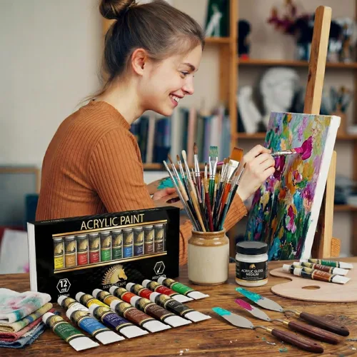 Miniatura 9 de Juego de pintura acrílica. Pinturas artísticas de calidad para pintar lona, madera, arcilla, tela, uñas, cerámica y artesanías. 12 colores vibrantes