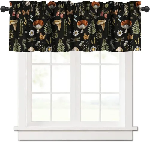 Cenefa de ventana de hongos, cenefa de cortinas decorativas vintage con estampado de vainilla de bosque para dormitorio, cocina, cafetería, 54 x 18