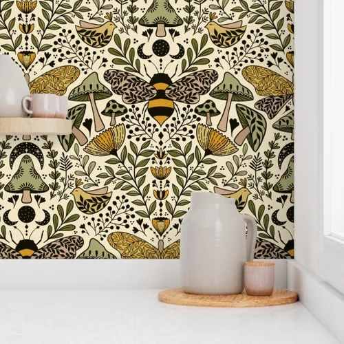 Miniatura 8 de Muestras de papel tapiz autoadhesivo - Nouveau Naturaleza Verde Amarillo Mariposa Naturaleza Bosque Plantas Art Nouveau Polilla Bohemia Abeja