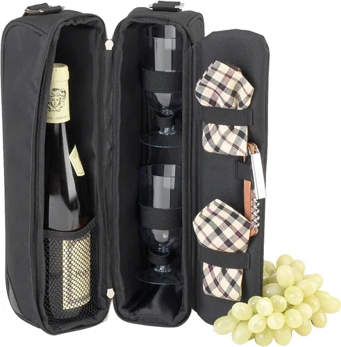 Miniatura 5 de Picnic at Ascot Bolsa de vino aislada con 2 copas de vino, servilletas y sacacorchos, diseñada y montada en los Estados Unidos Azul enrejado