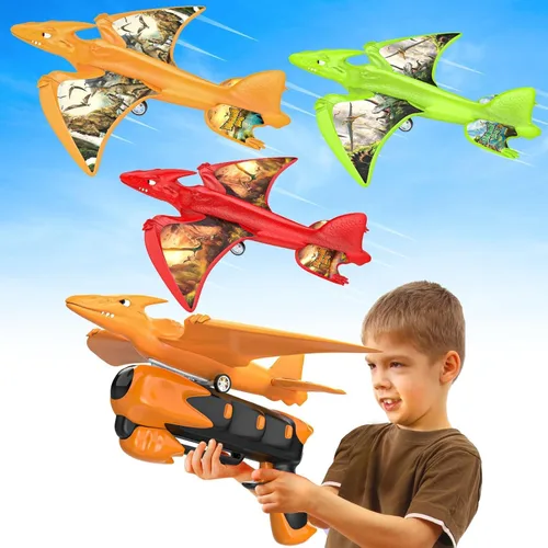 Paquete de 3 juguetes lanzadores de aviones de dinosaurio, juguetes voladores para niños de 3, 4, 5, 6, 7, 8, 9, 10 años, avión de espuma, juguetes