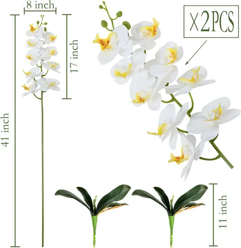 Miniatura 2 de FagusHome Flores artificiales de seda Phalaenopsis de 41 pulgadas, 2 piezas con 2 paquetes de hojas, plantas artificiales de orquídea en blanco