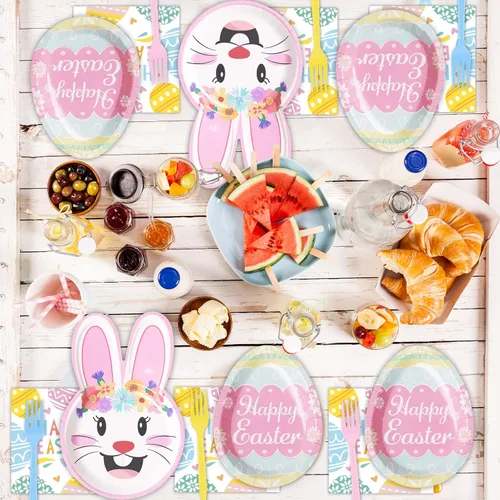 Miniatura 6 de Tevxj Juego de vajilla de Pascua de 96 piezas con forma de huevo de conejo, platos de papel desechables coloridos para cacería de huevos de Pascua