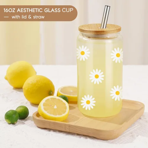 Miniatura 6 de GSPY Daisy Regalos Estéticos, Taza de Café Helado, Lindas Tazas de Vidrio con Tapas y Popotes - Lindas Tazas, Taza de Flores, Vaso de Vidrio
