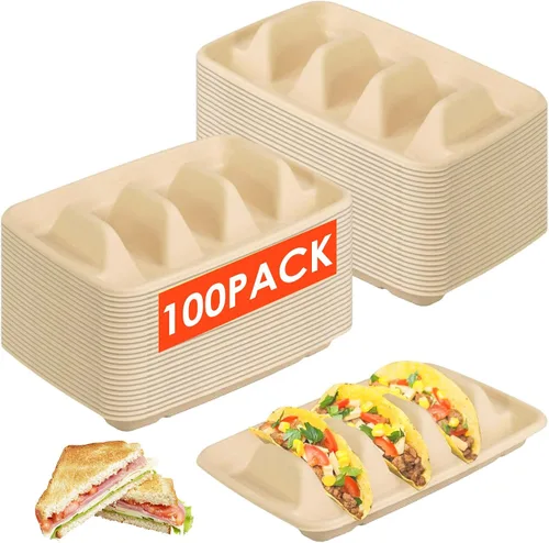 Miniatura 8 de 50 soportes desechables para tacos para fiestas, 3 compartimentos, soporte de bandeja de tacos de papel, platos desechables para tacos