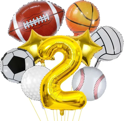 Globos deportivos de 9 piezas: globos de papel de aluminio para fútbol, baloncesto, béisbol, voleibol, golf y fútbol, globo de Mylar con número de