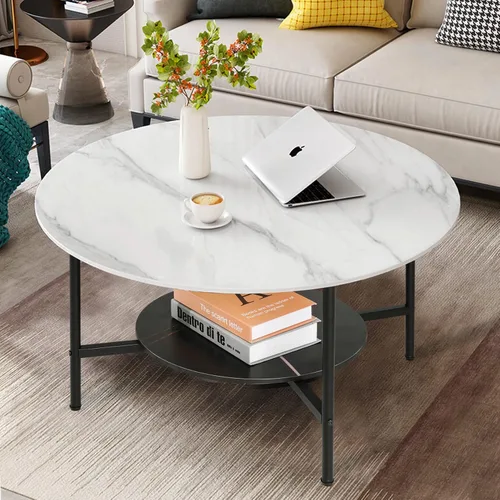 Miniatura 9 de Wisfor Mesa de centro de mármol para sofá de mesa: mesa central redonda de piedra sinterizada blanca de 2 niveles con Fram negro para sala de estar