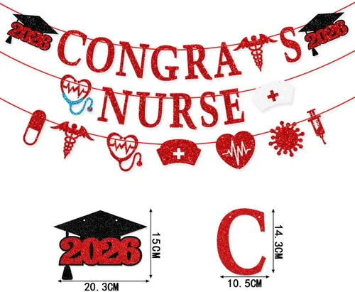 Miniatura 2 de Decoración de fiesta de graduación de enfermera, decoración de fiesta de graduación 2026 con purpurina roja para el día de la enfermera, pancarta