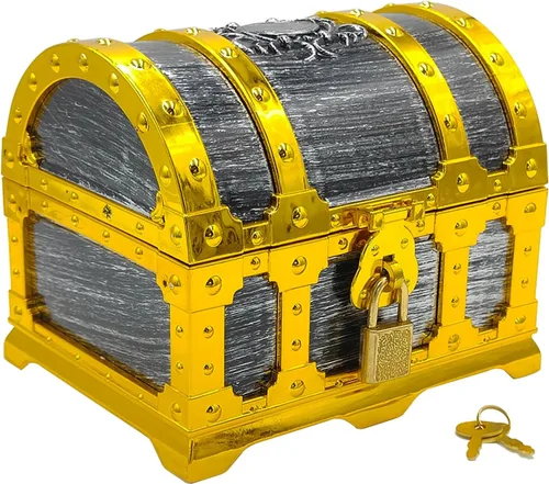 Cofre del tesoro pirata para niños, caja de almacenamiento de plástico con borde dorado con cerradura y llave para juegos de caza para niños, fiesta