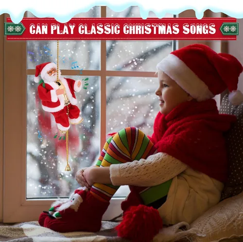 Miniatura 4 de Gfilay Papá Noel escalador con música, adorno colgante de árbol de Navidad, novedad de Papá Noel escalador en cuerda, decoración navideña, gran