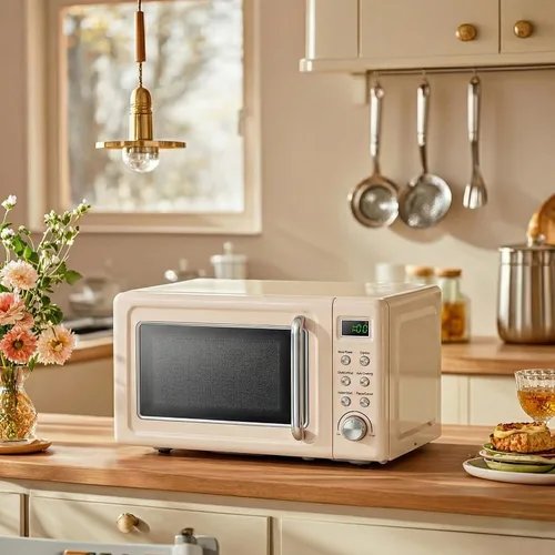 Miniatura 2 de SIMOE Horno microondas retro crema, 0.7 pies cúbicos microondas compacto de encimera, microondas pequeño de 700 W con pantalla LED, bloqueo