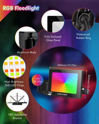 Miniatura 8 de MEIKEE Luz de inundación LED RGB de 100 W, equivalente a 1000 W, cambio de color IP66, iluminación de pared al aire libre, decoración navideña