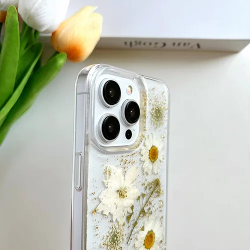 Miniatura 6 de LSEEKA Funda transparente para iPhone 15 Pro Max con diseño de flores reales prensadas, con purpurina, bonito patrón floral blanco, delgada, suave