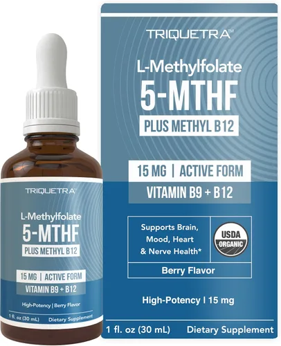 L Metilfolato 15mg Plus Metil B12 Cofactor – Sabor a Bayas Orgánico, Alta Potencia Líquida Sublingual Forma Activa 5-MTHF - Apoya el Estado de
