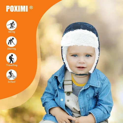 Miniatura 6 de POXIMI Gorro de trampero para bebé, gorro de invierno para niños, resistente al viento, gorro de nieve para niñas, cálido con orejeras con forro