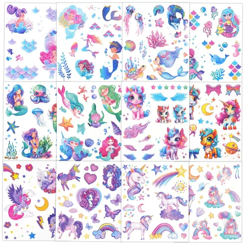 Miniatura 7 de Ozepao Tatuaje temporal con purpurina para niñas, 30 hojas de calcomanías de tatuaje de mariposa, sirena, unicornio para niños, tatuajes falsos