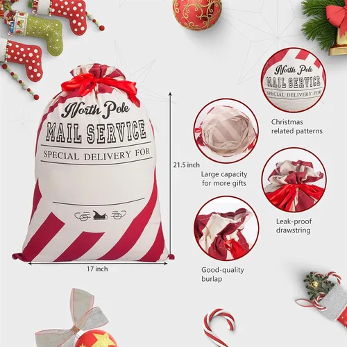 Miniatura 2 de XinblueCo Santa Sack - Paquete de 2 bolsas de lona de Navidad a rayas con cordón, bolsa de regalo personalizada de Navidad, tamaño extra grande