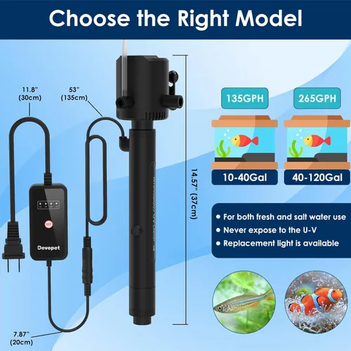 Miniatura 7 de Filtro de agua verde acuario, luz U-V con bomba de agua sumergible, filtro U-V con aireación y salida de agua doble, temporizador de 4 velocidades