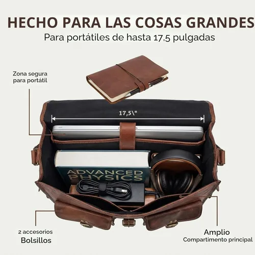 Miniatura 3 de cuero Bolsa de mensajero de cuero para hombre, 18 pulgadas, bandolera para computadora portátil, bolsa de hombro de cuero hecha a mano para hombres