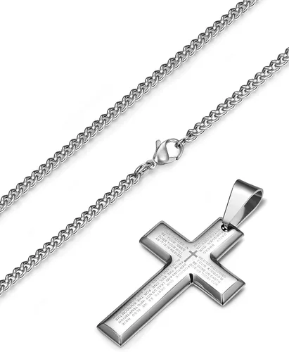 Miniatura 5 de LOYALLOOK Collar de acero inoxidable para hombre, 24 pulgadas, plata y tono negro con cruz colgante de oración del señor
