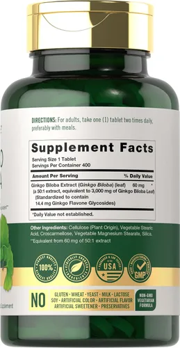 Miniatura 2 de Carlyle Ginkgo Biloba 3000mg 400 tabletas Suplemento herbario sin OMG, sin gluten