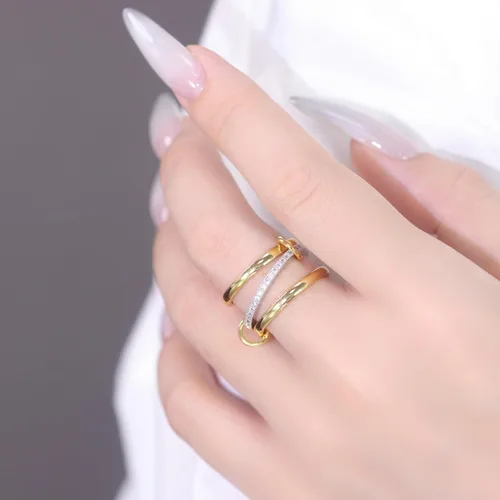 Miniatura 6 de Anillos apilables de oro para mujer, no se deslustra, juego de 3 anillos entrelazados con circonita cúbica, delicados anillos chapados en oro de 18
