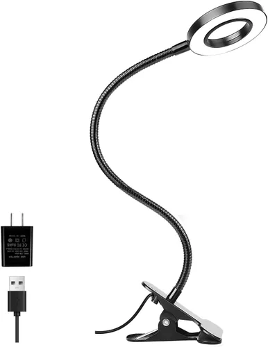 Miniatura 10 de Woputne Lámpara de escritorio con clip para lectura en casa, oficina, 10 brillo regulable, 3 modos, luz de abrazadera para cabecera de cama Negro