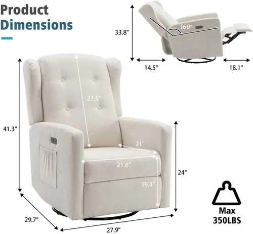 Miniatura 2 de Ketaiyou Silla reclinable giratoria eléctrica, con respaldo alto, silla mecedora eléctrica para guardería, puertos USB y tipo C, sillón reclinable