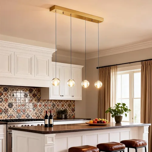 Miniatura 2 de Lámparas colgantes de oro cepillado de 4 luces para isla de cocina moderna, lámparas colgantes de globo de cristal para comedor sobre mesa, lámparas