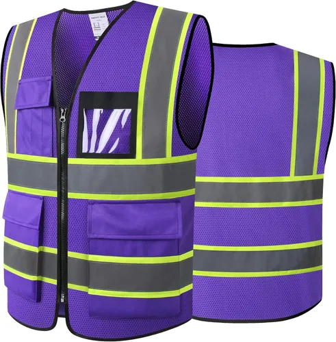 Miniatura 9 de Chaleco de seguridad reflectante de alta visibilidad para hombres y mujeres con bolsillos y cremallera frontal, cumple con los estándares ANSI/ISEA