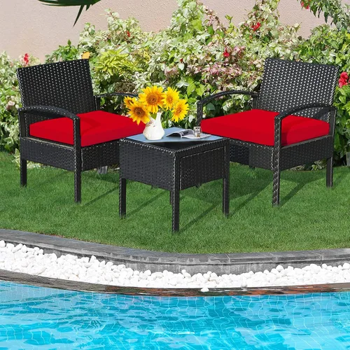 Miniatura 2 de HAPPYGRILL Juego de 3 piezas de conversación para patio, juego de mimbre de ratán al aire libre con mesa de centro para jardín, balcón y patio Rojo