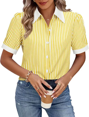 Miniatura 23 de Gleeivy Camisas de botones para mujer de manga corta abombada, camisas de vestir abotonadas con cuello ajustado, blusa superior de trabajo