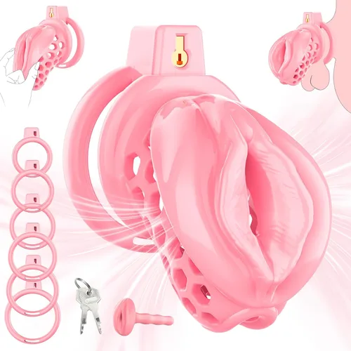 Miniatura 9 de Jaula de Castidad Masculina – Jaula de pene suave y ligera con vagina realista y clítoris y anillos de 6 tamaños, cómodo dispositivo de castidad