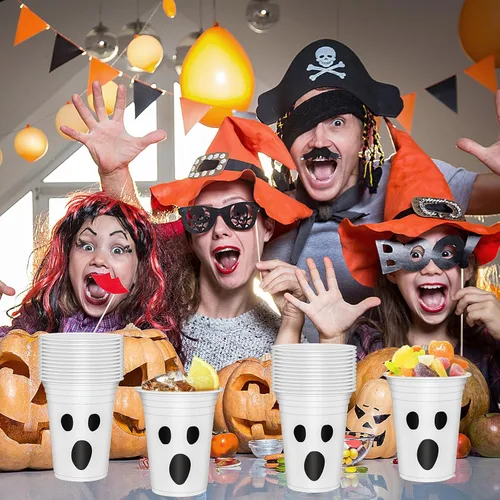 Miniatura 5 de 50 vasos de plástico de Halloween de 12 onzas con diseño de fantasma blanco y negro, tazas desechables espeluznantes para fiestas de Halloween