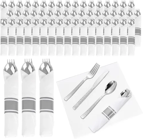 Miniatura 9 de WELLIFE 50 cubiertos de plástico plateado martillado para invitados, servilletas preenrolladas con cubiertos de plata, cubiertos desechables