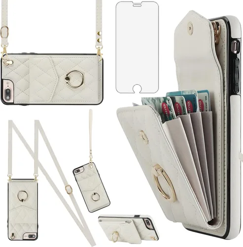 Asuwish Funda de teléfono para iPhone 7plus 8plus 7/8 Plus Funda tipo cartera con protector de pantalla de vidrio templado, anillo cruzado, Blanco