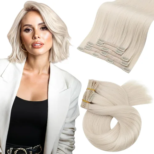 Miniatura 98 de Moresoo Extensiones de cabello humano Remy con clip, color rubio platino, extensiones de cabello humano real de doble trama, color rubio #60, 18