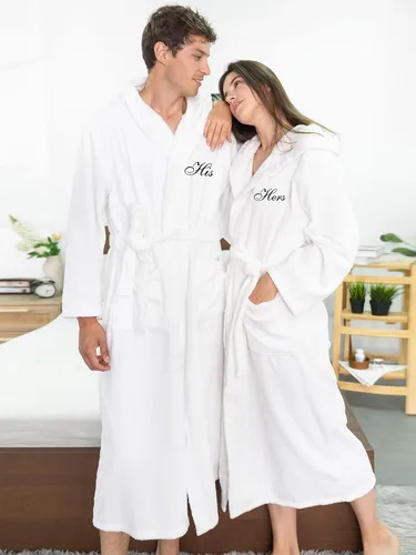 Miniatura 2 de AW BRIDAL 2Pcs Couple Terry Cloth Robes 100% Cotton Hooded Spa Robe for Women Men Wedding Anniversary Engagement Gifts
