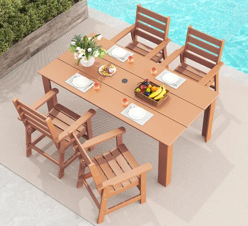 Miniatura 22 de GREENVINES Juego de comedor al aire libre de 7 piezas Juegos de mesa y sillas de plástico HDPE de 67 pulgadas para 6 Muebles de patio Todo