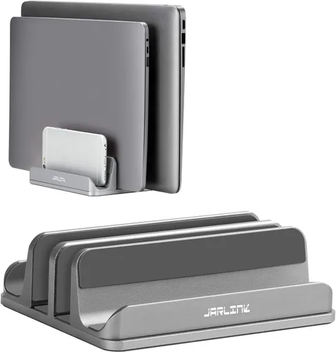 Miniatura 10 de JARLINK Soporte vertical ajustable 4 en 1 para laptop, estante de aluminio con doble ranura para computadora portátil, organizador de ahorro de Negro